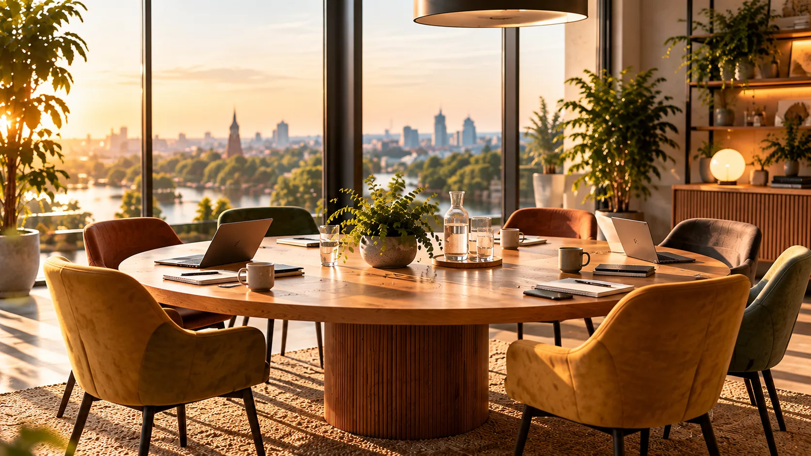 Een ronde houten tafel met verschillende stoelen, klaar voor een gesprek.